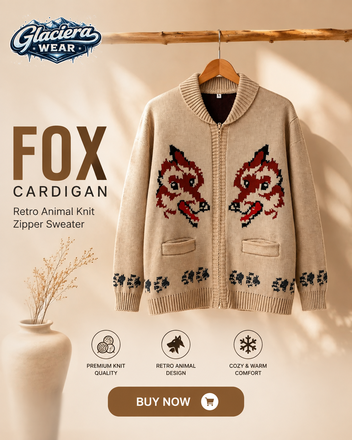 Fox Cardigan, Beige Knit Zipper Sweater, Retro Wolf Sweater, Animal Knit Jacket
