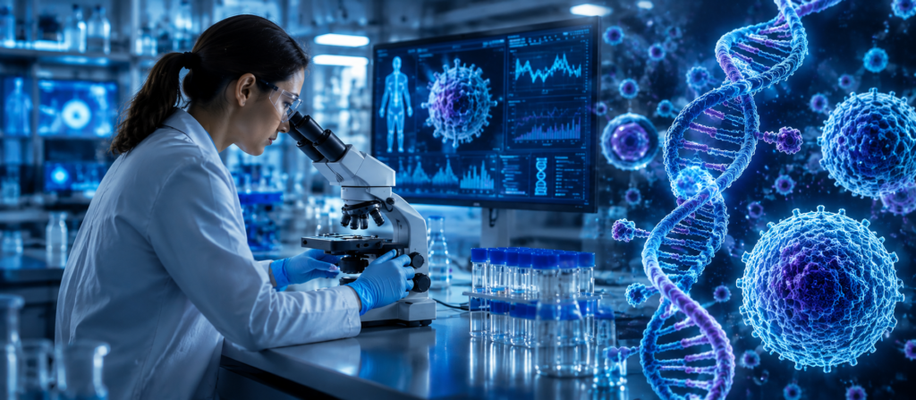 Moderna cancer vaccine and mRNA technology research in a modern medical laboratory