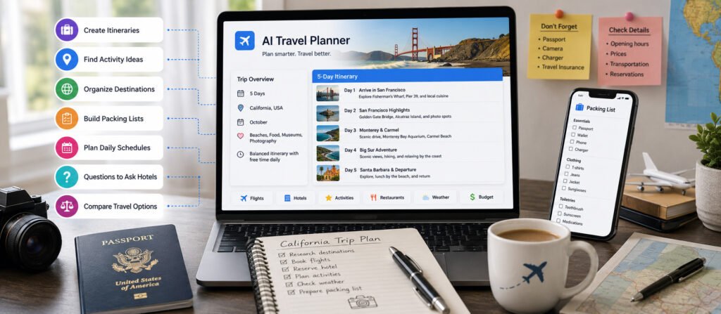 AI tools for travel planning helping create itineraries and organize trips