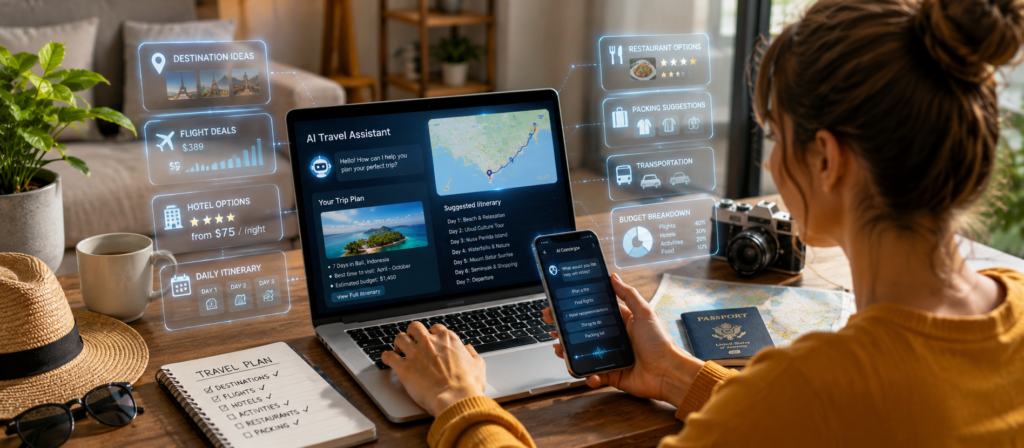 Traveler using an AI travel assistant to plan flights, hotels, activities and a vacation itinerary
