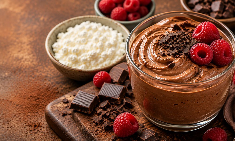 cottage cheese chocolate mousse topped with raspberries and chocolate shavings