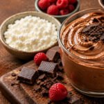 cottage cheese chocolate mousse topped with raspberries and chocolate shavings