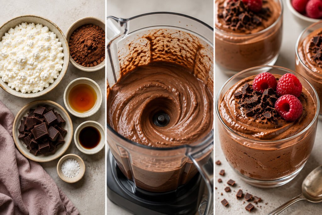 cottage cheese chocolate mousse ingredients blended into a creamy chocolate dessert