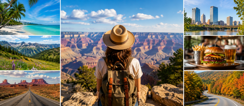 American traveler exploring popular U.S. destinations including beaches, mountains, deserts, cities and road trips
