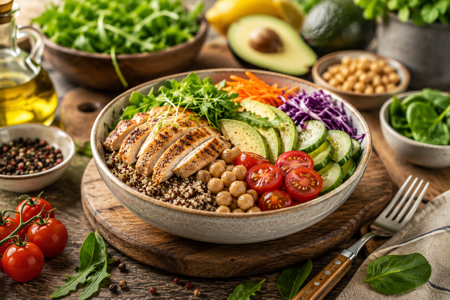 home-cooked meal with fresh ingredients, vegetables and herbs on a kitchen table