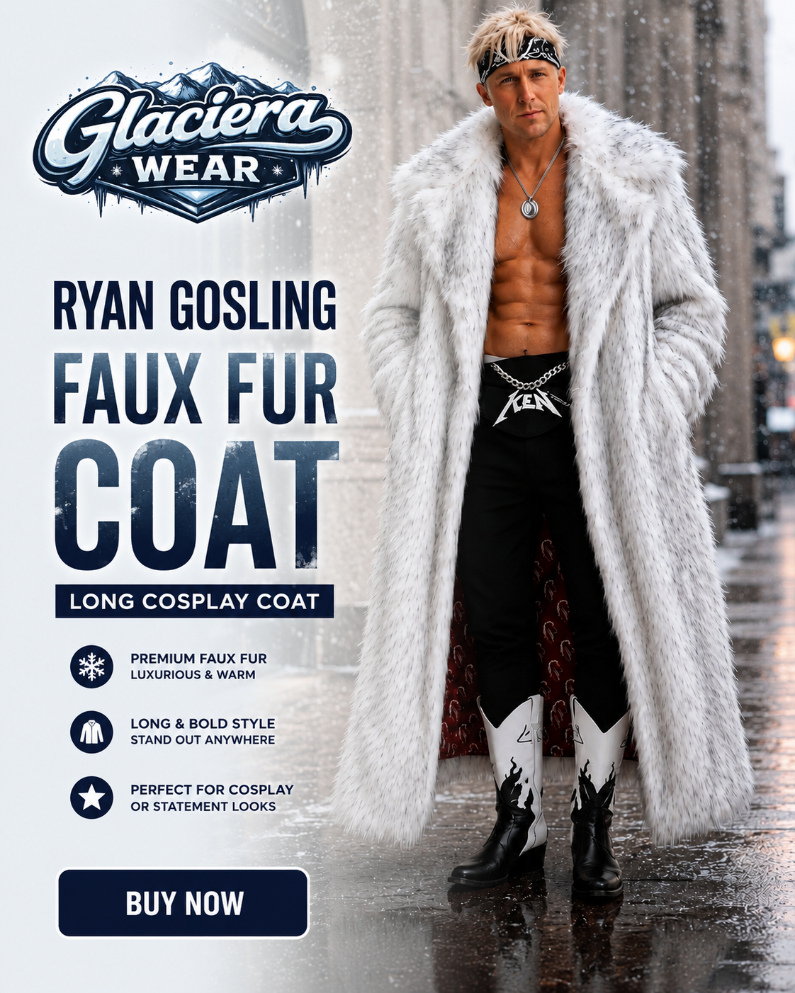 Men's White Faux Fur Coat, Ryan Gosling Inspired Ken Costume, Halloween White Long Cosplay Coat, Handmade Winter Statement Coat