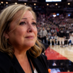 Holly Rowe becomes emotional before the Indiana Fever vs Toronto Tempo WNBA game in Toronto