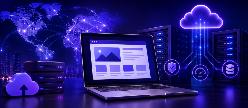 Hostinger web hosting with cloud servers, website infrastructure and global network technology