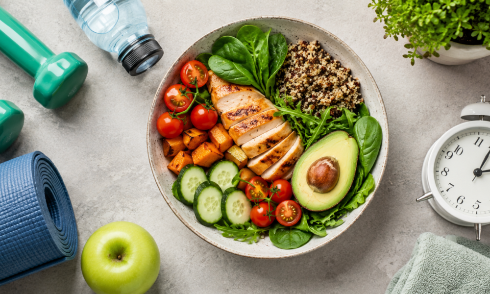 Practical health and wellness guide with healthy food and fitness essentials