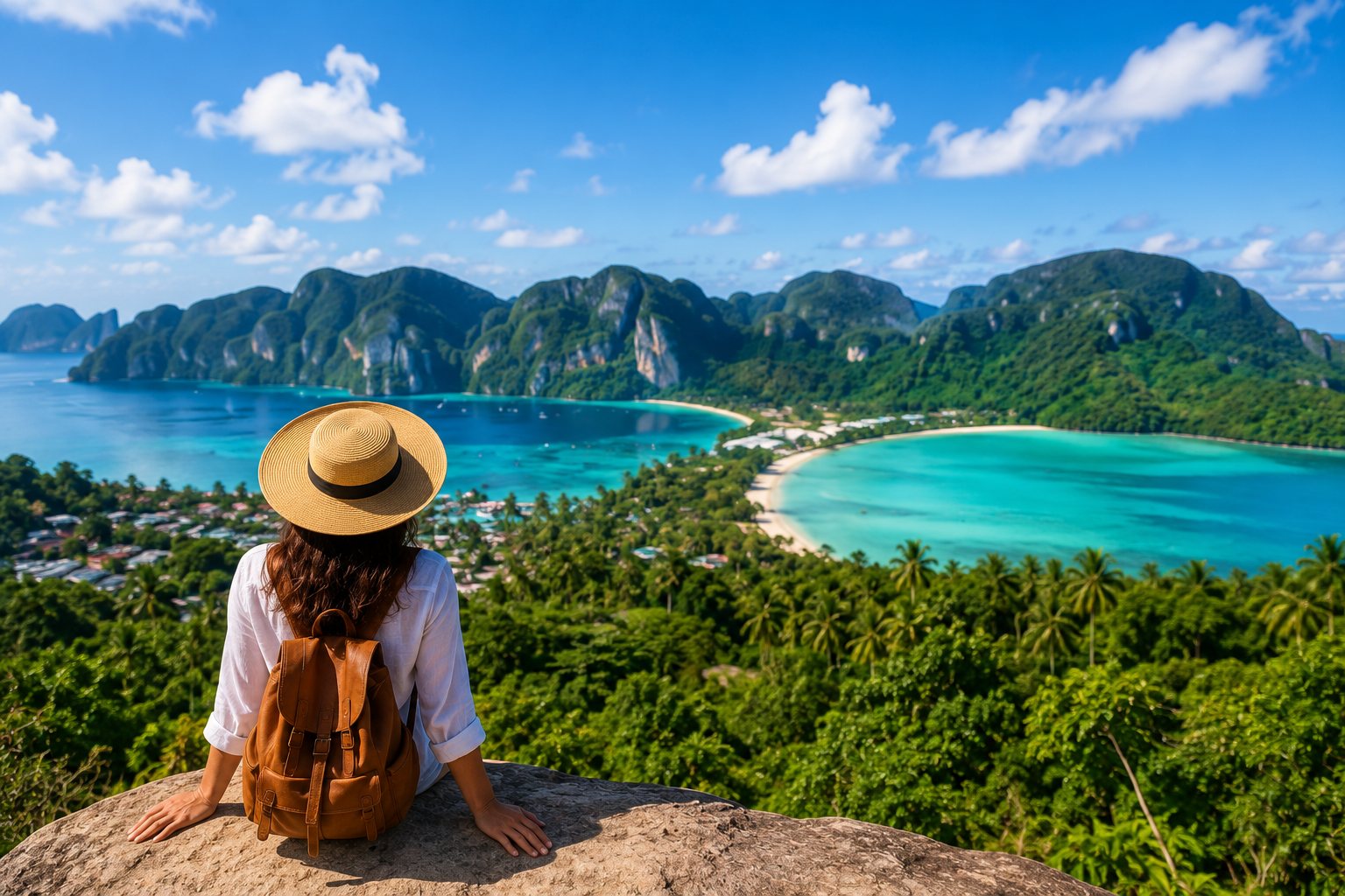 traveler planning a stress-free trip with backpack and scenic destination
