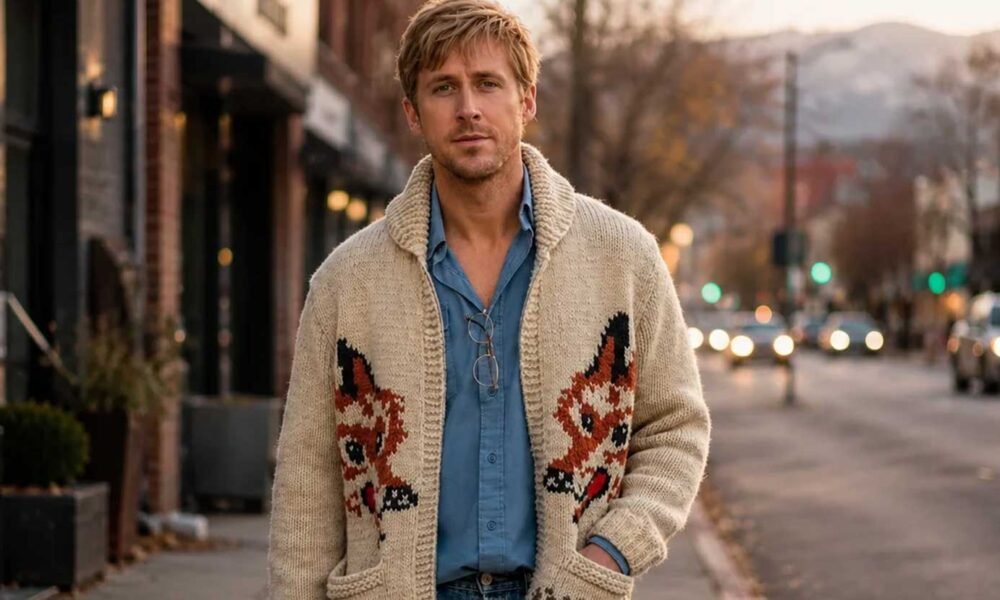 Beige fox cardigan inspired by Ryan Gosling Project Hail Mary sweater style