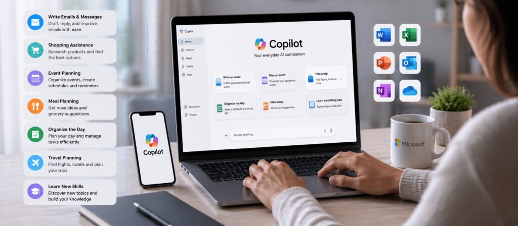 Microsoft Copilot helping with everyday tasks like email planning and organization