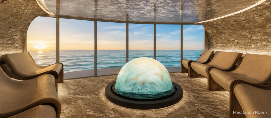 Norwegian Aura meditation room with ocean views and relaxing lounge chairs