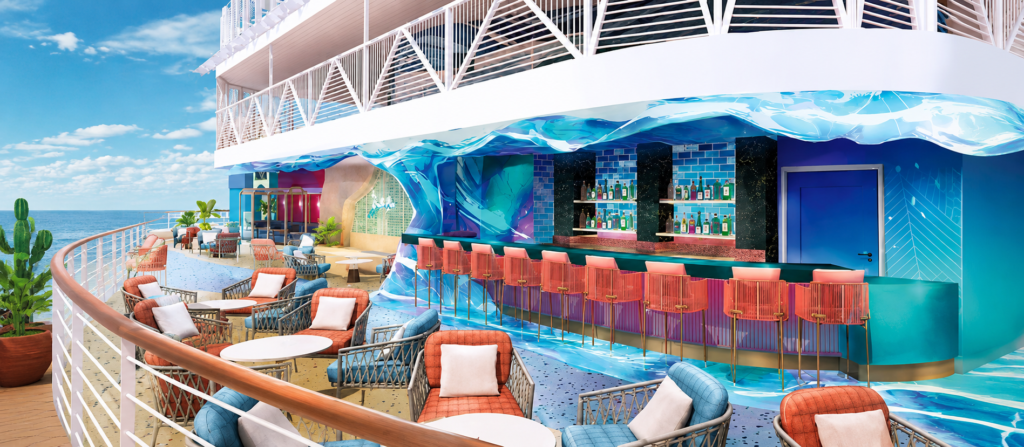 Norwegian Aura ocean deck bar with colorful seating and ocean views