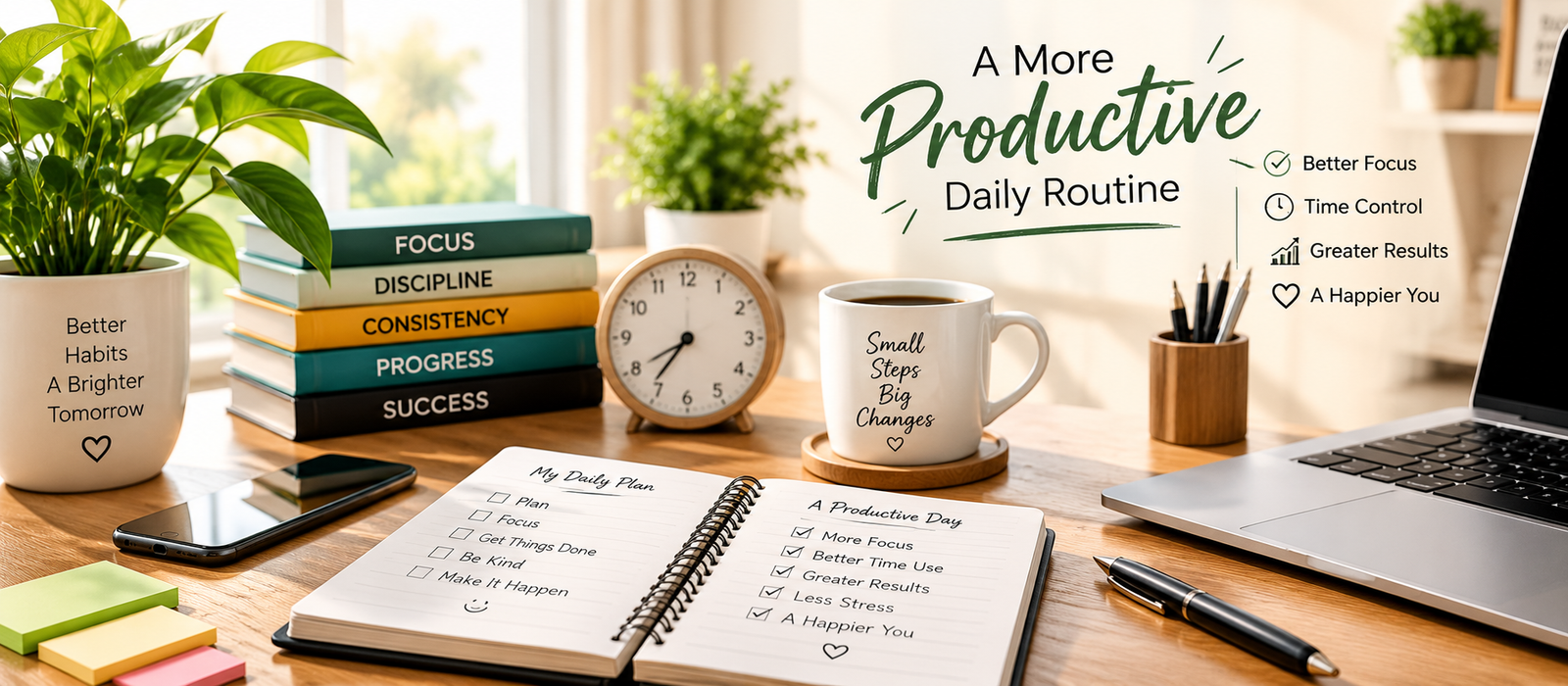 productive daily routine with planner, laptop, coffee and organized workspace
