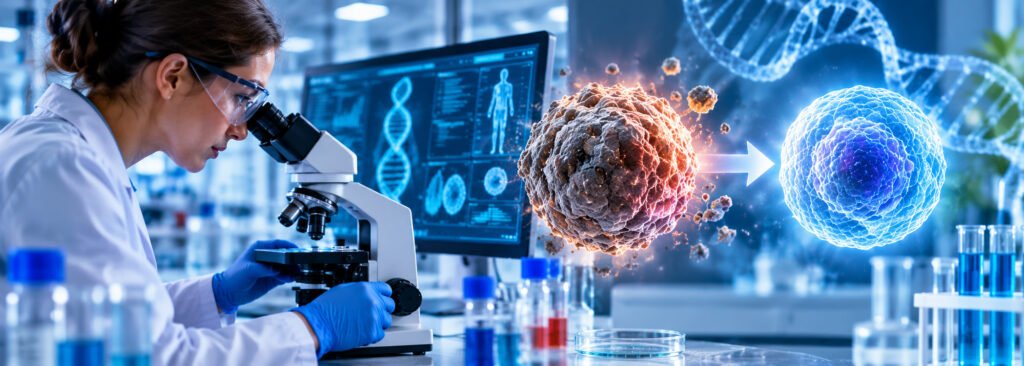 AI-generated drug research showing an aging cell transforming into a healthier cell