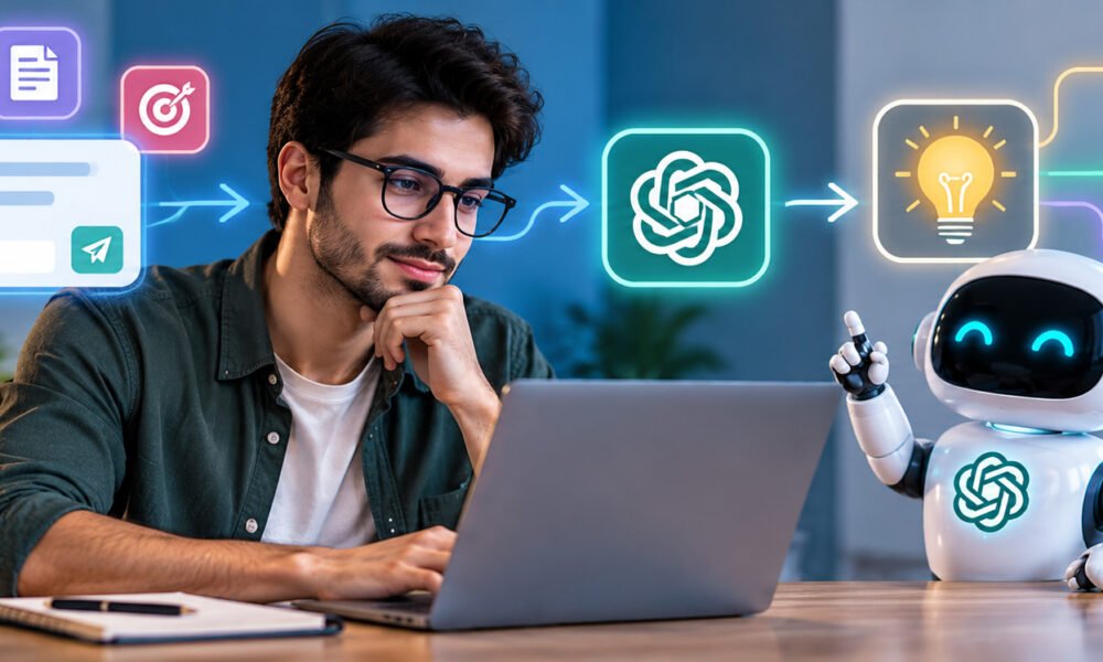 Person using a laptop with an AI assistant for prompt engineering