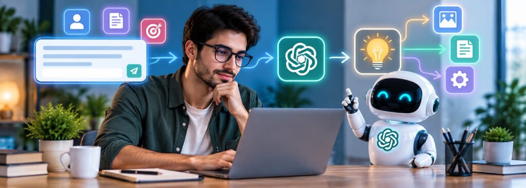Person using a laptop with an AI assistant for prompt engineering