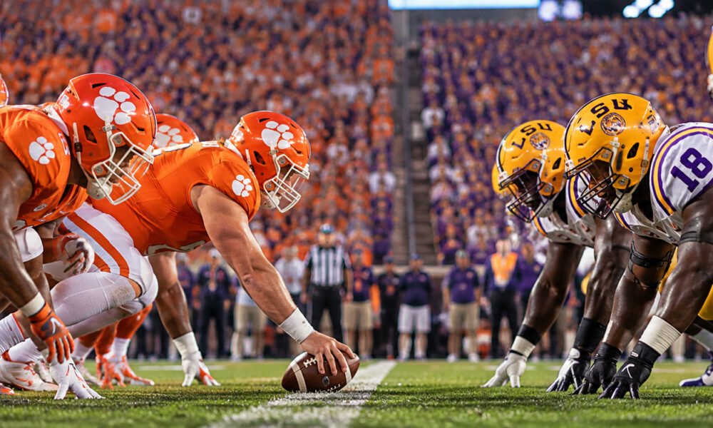 College football crowd under stadium lights for Clemson vs LSU coverage