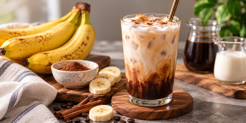 Iced banana coffee latte served in a tall glass