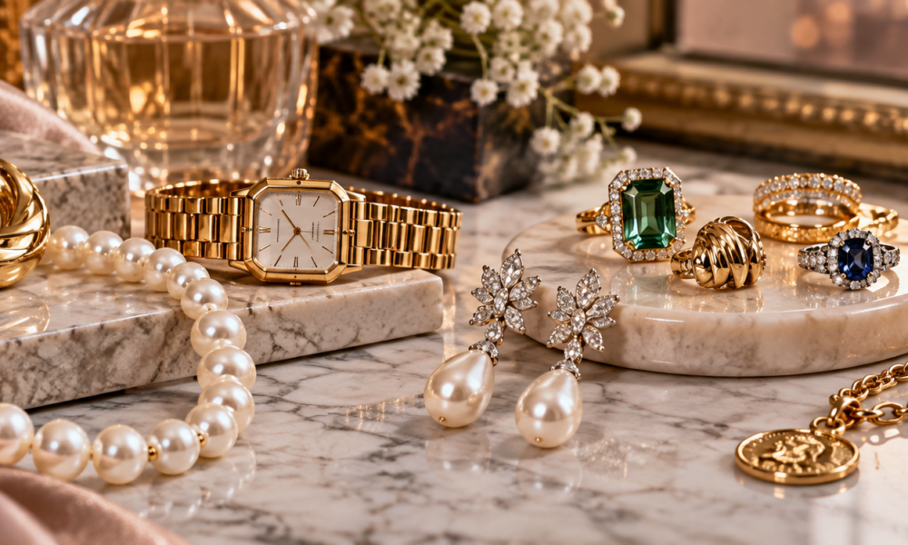 Jewelry trends 2026 in USA featuring statement gold jewelry, pearls, gemstones, rings and luxury accessories