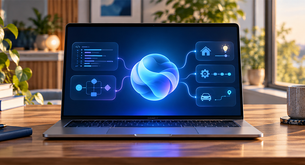 Laptop with an AI assistant interface for Copilot Home, Code and Autopilot