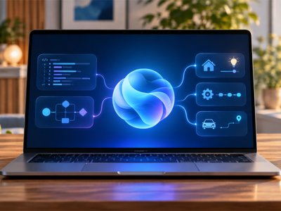 Laptop with an AI assistant interface for Copilot Home, Code and Autopilot
