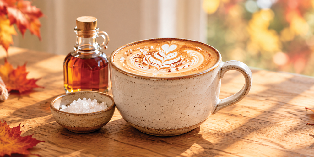 Salted maple latte topped with creamy foam beside maple syrup and sea salt