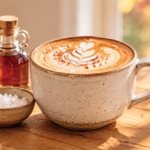 Salted maple latte topped with creamy foam beside maple syrup and sea salt
