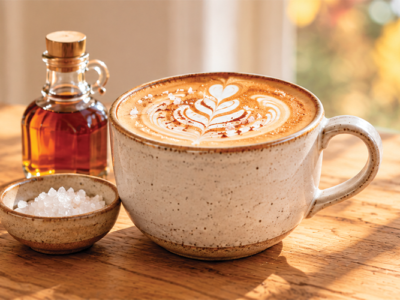 Salted maple latte topped with creamy foam beside maple syrup and sea salt