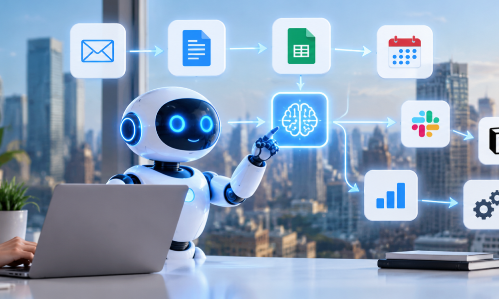 AI workflow automation connecting business tools to automate emails, documents, data analysis and everyday tasks in 2026