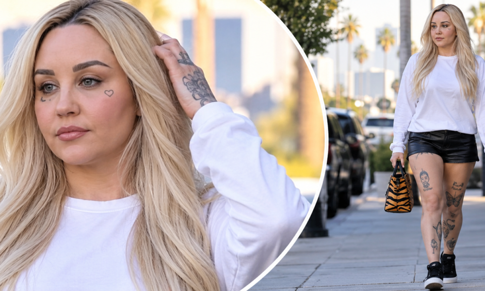 Amanda Bynes weight loss journey in 2026 with leg tattoos and black leather shorts
