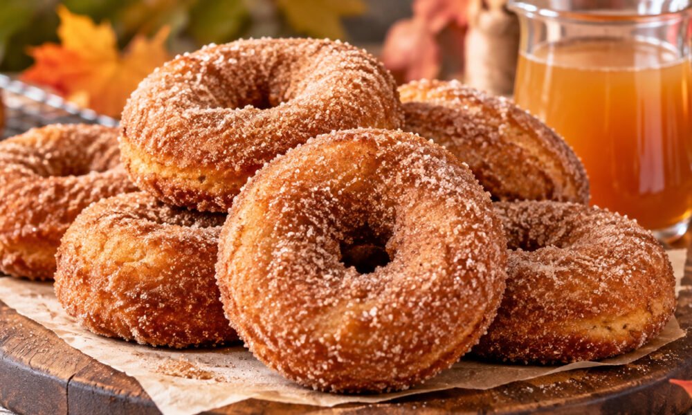 Apple cider donuts recipe with homemade cinnamon sugar donuts, fresh apples, and apple cider for a cozy fall treat.