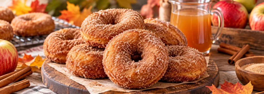 Apple cider donuts recipe with homemade cinnamon sugar donuts, fresh apples, and apple cider for a cozy fall treat.