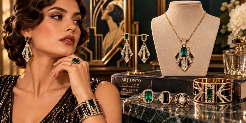 Art Deco and vintage-inspired jewelry trends 2026 featuring geometric earrings, emerald rings, statement cuffs and architectural necklaces