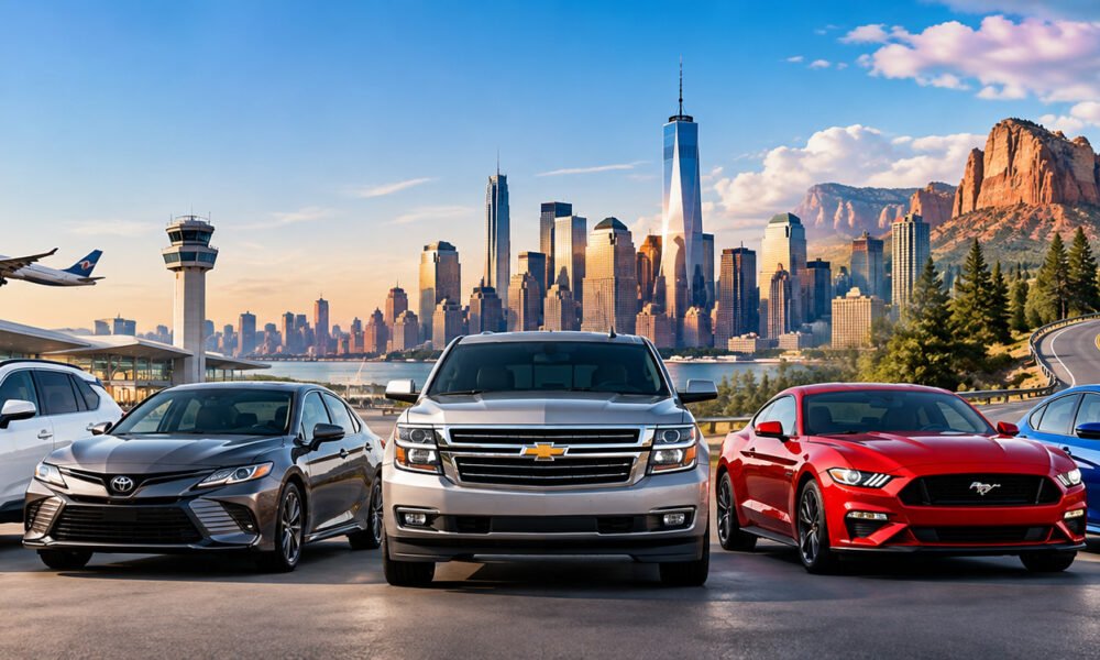 Best car rental companies in USA with rental cars, airport, American landmarks and scenic road trip destinations.