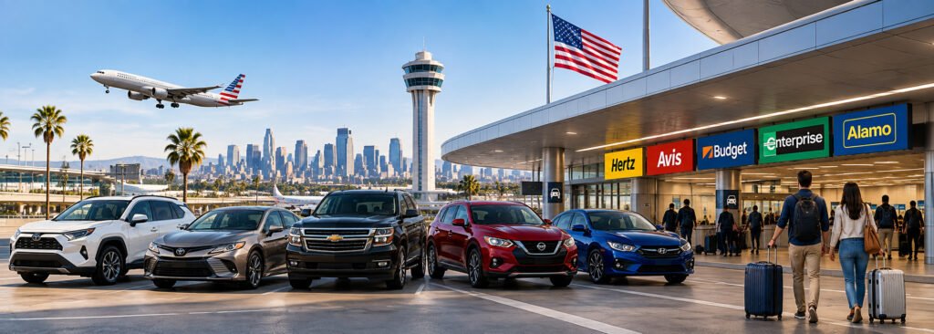 Best car rental companies in USA offering airport car rentals for travelers with a range of rental cars at a U.S. airport.