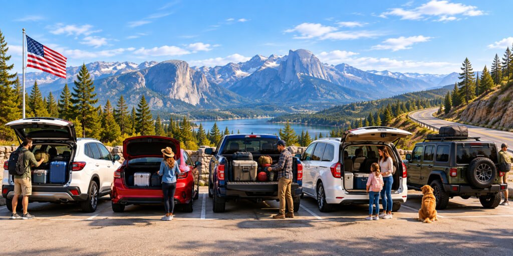 Best car types for a USA road trip including SUV, sedan, pickup truck, minivan and off-road vehicle for different travel needs.