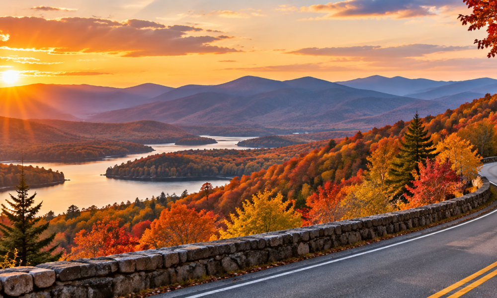 Best fall road trips in USA with scenic mountain highway, colorful fall foliage and autumn landscape