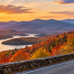 Best fall road trips in USA with scenic mountain highway, colorful fall foliage and autumn landscape