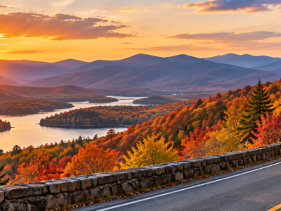 Best fall road trips in USA with scenic mountain highway, colorful fall foliage and autumn landscape