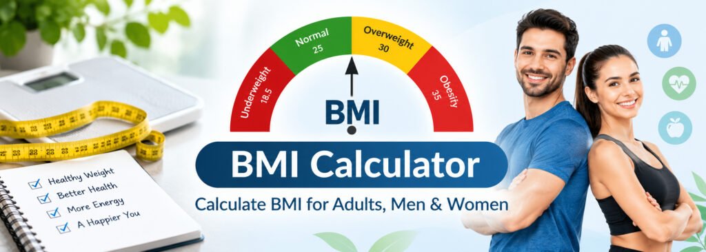 BMI Calculator for adults, men and women with BMI chart and healthy weight gauge