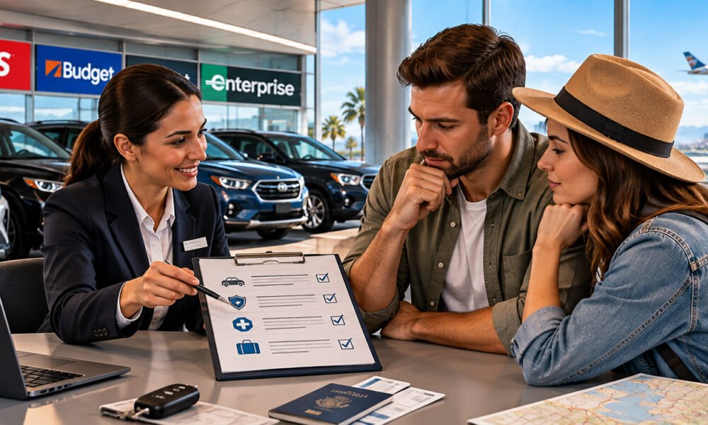 Car rental insurance in USA with travelers reviewing rental car coverage options at a U.S. airport rental counter in 2026.