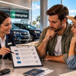 Car rental insurance in USA with travelers reviewing rental car coverage options at a U.S. airport rental counter in 2026.
