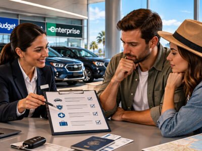 Car rental insurance in USA with travelers reviewing rental car coverage options at a U.S. airport rental counter in 2026.