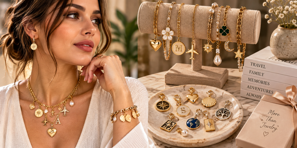 Charms and personalized jewelry trends 2026 featuring charm necklaces, initial pendants, birthstones and symbolic gold jewelry