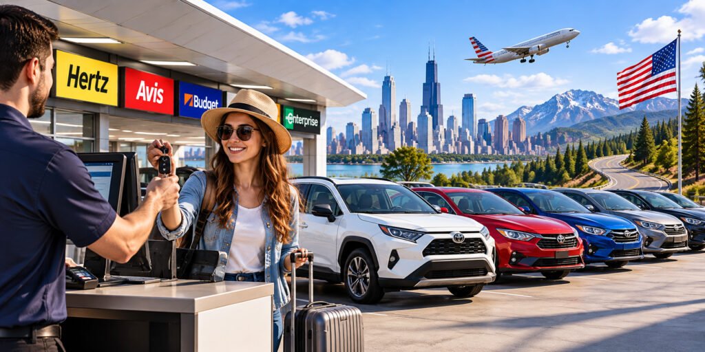 Cheap car rental in USA with a traveler collecting rental car keys and affordable vehicles available for a U.S. road trip.