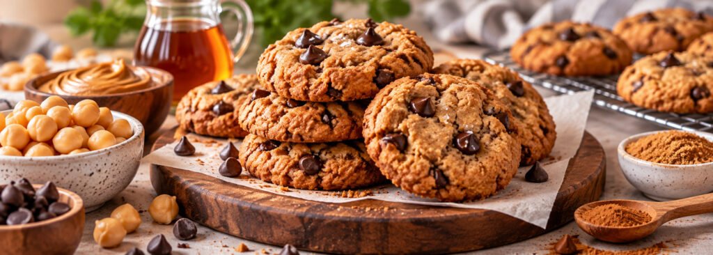 Chickpea cookies recipe with soft homemade chocolate chip cookies, chickpeas, peanut butter, and maple syrup.