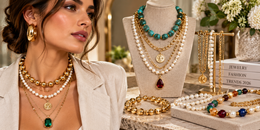 Chunky beads and layered necklaces jewelry trends 2026 featuring gold chains, pearls, colorful beads and gemstone pendants