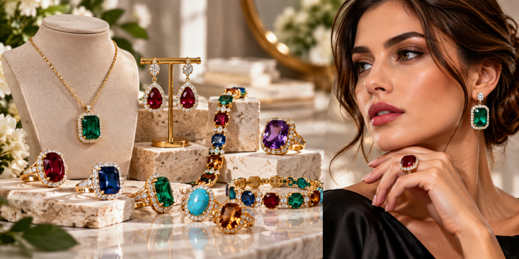 Colorful gemstones and statement stones jewelry trends 2026 featuring emerald, ruby, sapphire and bold gemstone rings